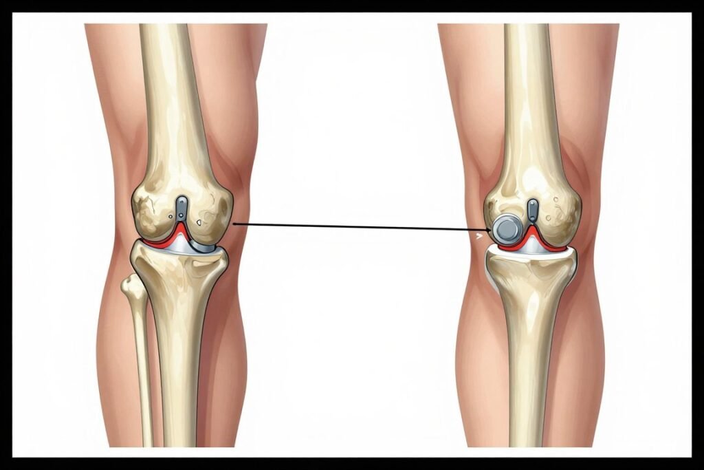 Knee osteotomy procedure showing realignment of the knee joint to redistribute weight