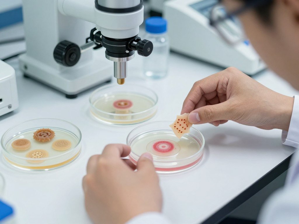 Laboratory technician working with bioengineered cartilage tissue for knee repair