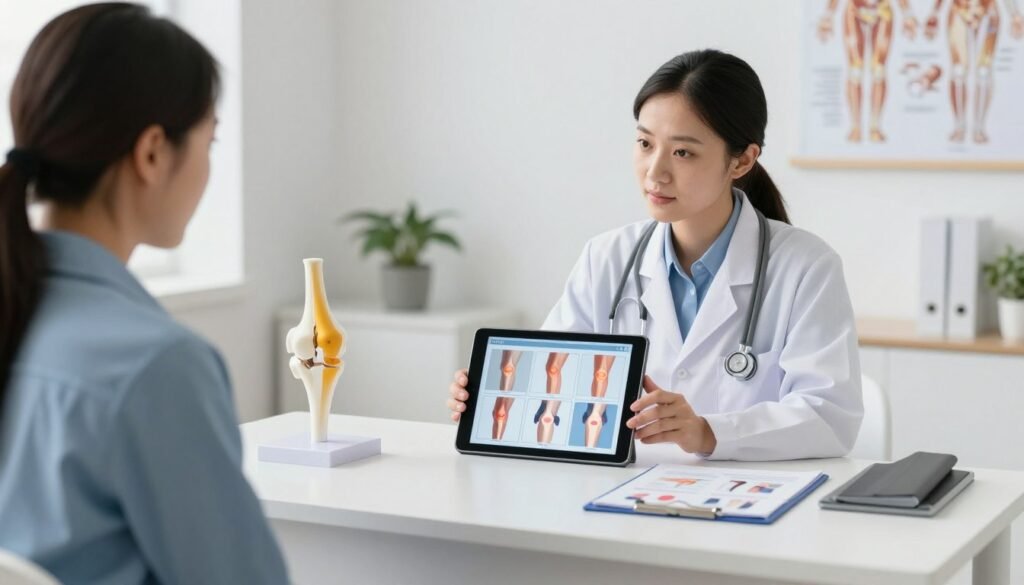 Medical professional discussing newest treatment for knee pain 2025 options with patient