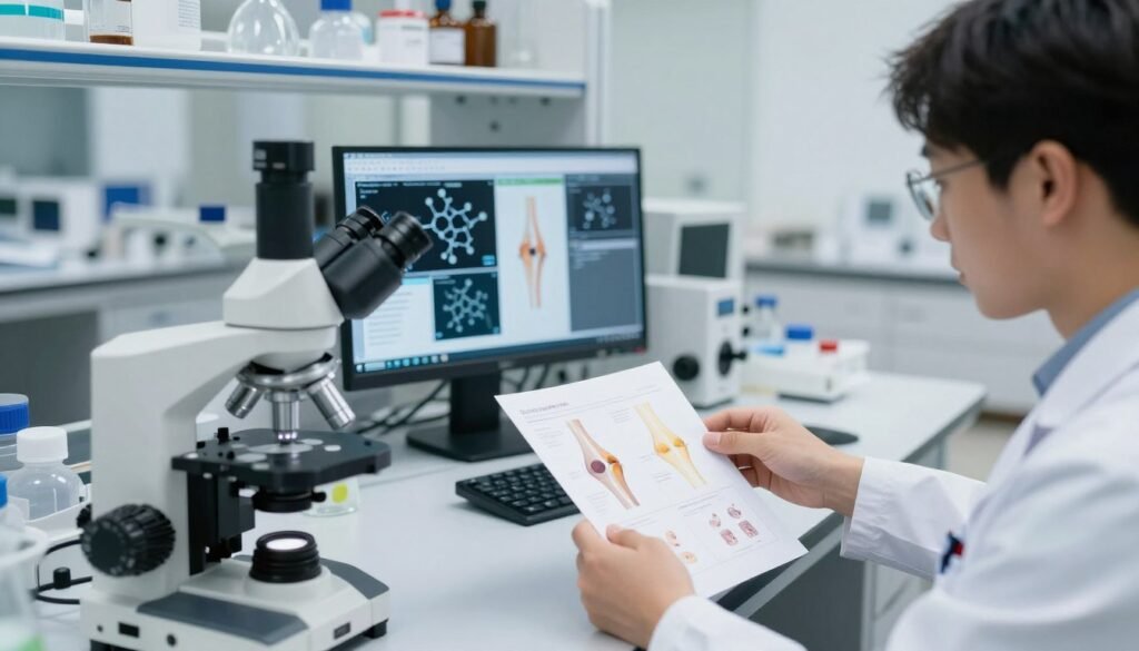 Medical researchers in laboratory studying new knee pain treatments