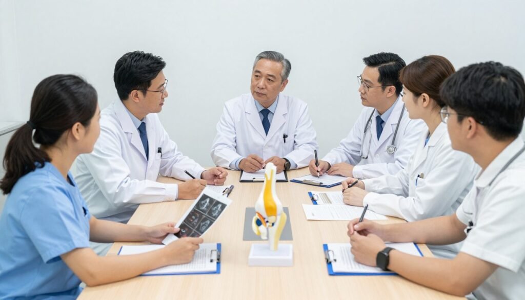 Multi-disciplinary healthcare team discussing a patient's knee osteoarthritis treatment plan Multi-disciplinary healthcare team discussing a patient's knee osteoarthritis treatment plan