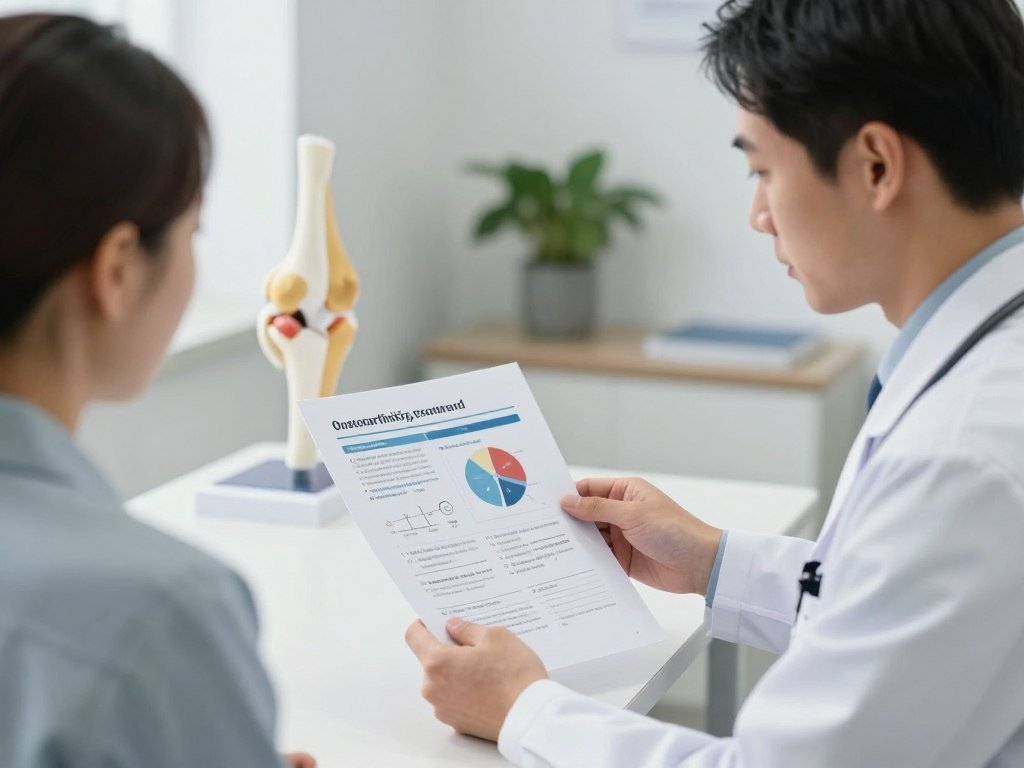 Patient and doctor reviewing treatment options for knee osteoarthritis with decision-making materials