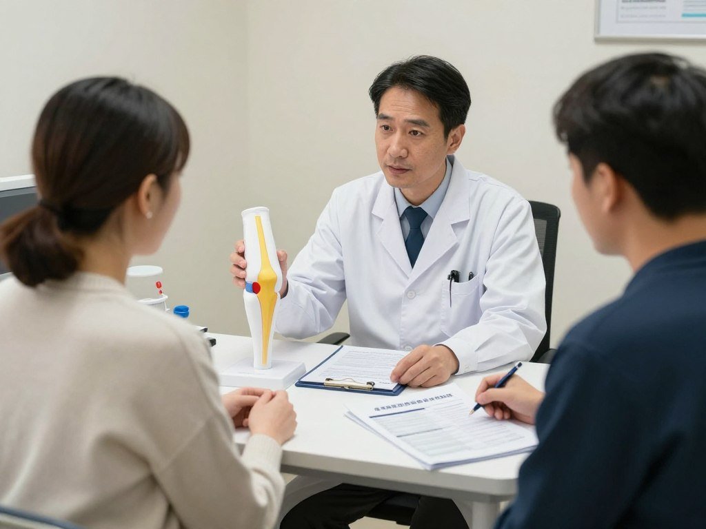 Patient consulting with doctor about genicular artery embolization for knee pain questions