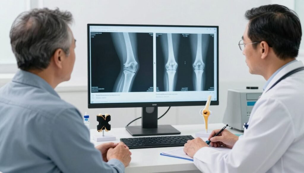 Patient discussing non-surgical vs surgical knee osteoarthritis treatment options with doctor