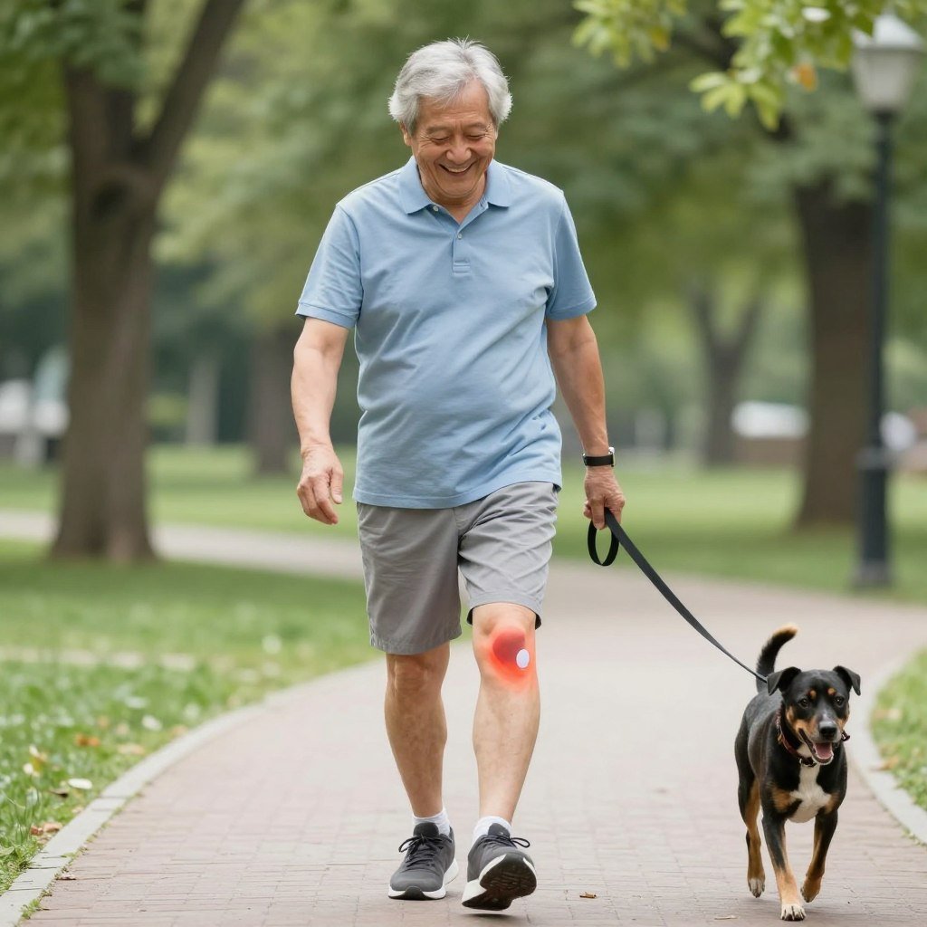 Patient experiencing relief after genicular artery embolization for knee pain treatment