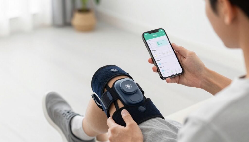 Patient using wearable knee monitoring technology with smartphone app