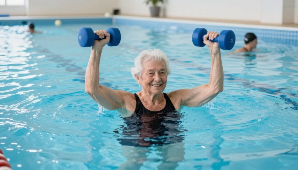 Person with knee osteoarthritis performing low-impact water exercise in a pool Person with knee osteoarthritis performing low-impact water exercise in a pool