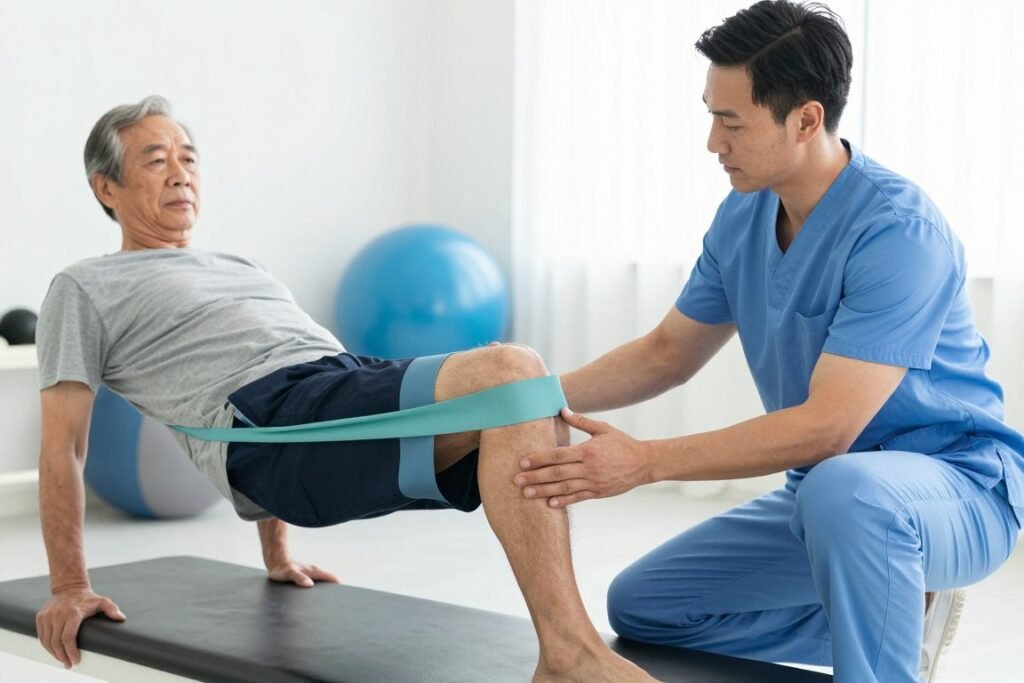Physical therapist guiding a patient through knee strengthening exercises for osteoarthritis management