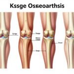 Progression stages of knee osteoarthritis showing healthy knee versus various stages of cartilage degeneration