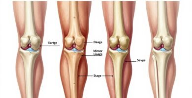 Progression stages of knee osteoarthritis showing healthy knee versus various stages of cartilage degeneration