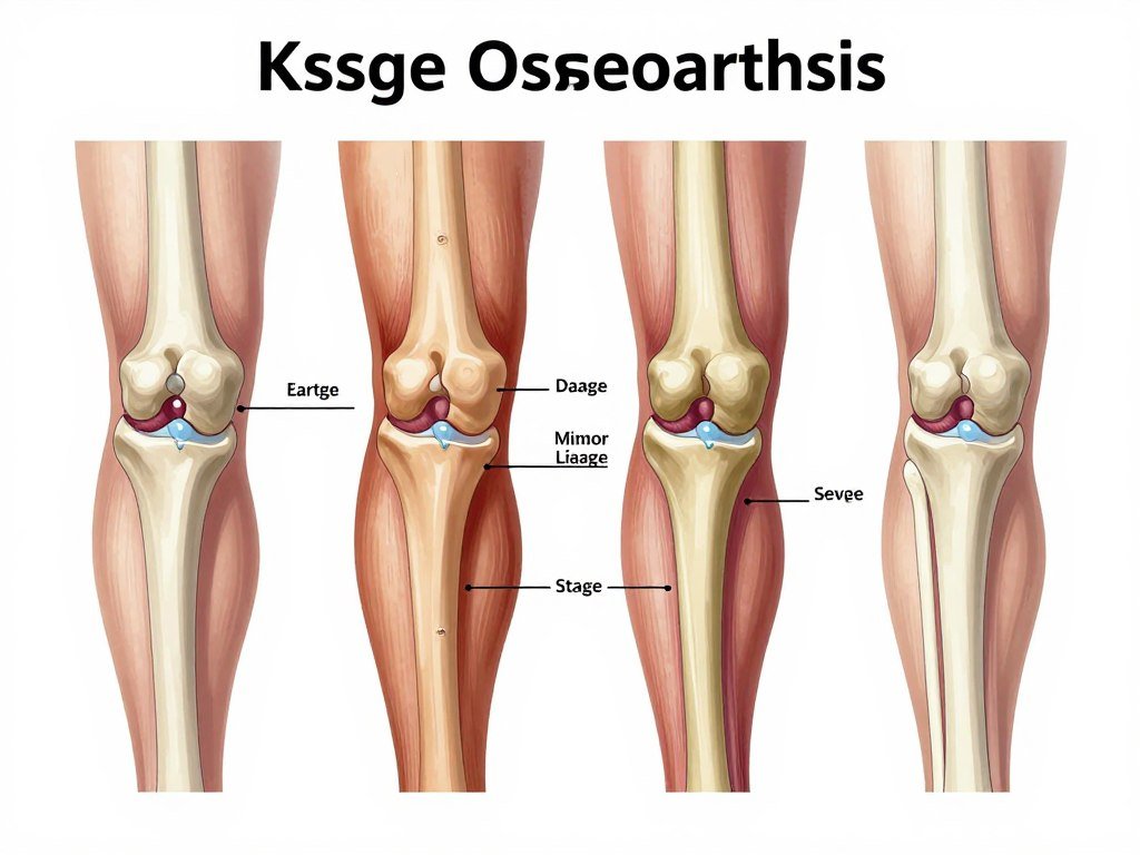 Progression stages of knee osteoarthritis showing healthy knee versus various stages of cartilage degeneration