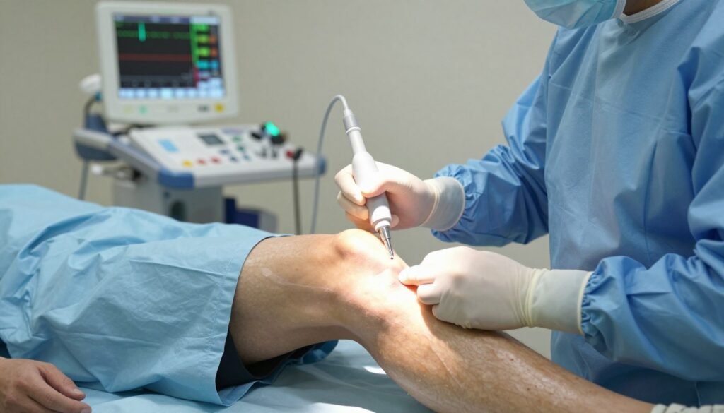 Radiofrequency ablation procedure being performed on a knee to treat osteoarthritis pain Radiofrequency ablation procedure being performed on a knee to treat osteoarthritis pain