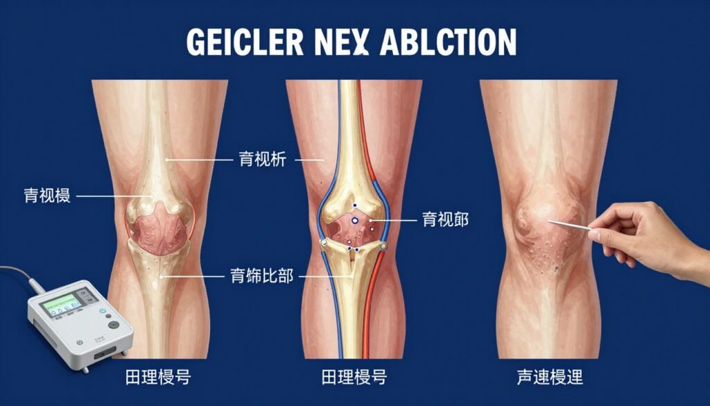 Step-by-step illustration of genicular nerve ablation for knee pain procedure