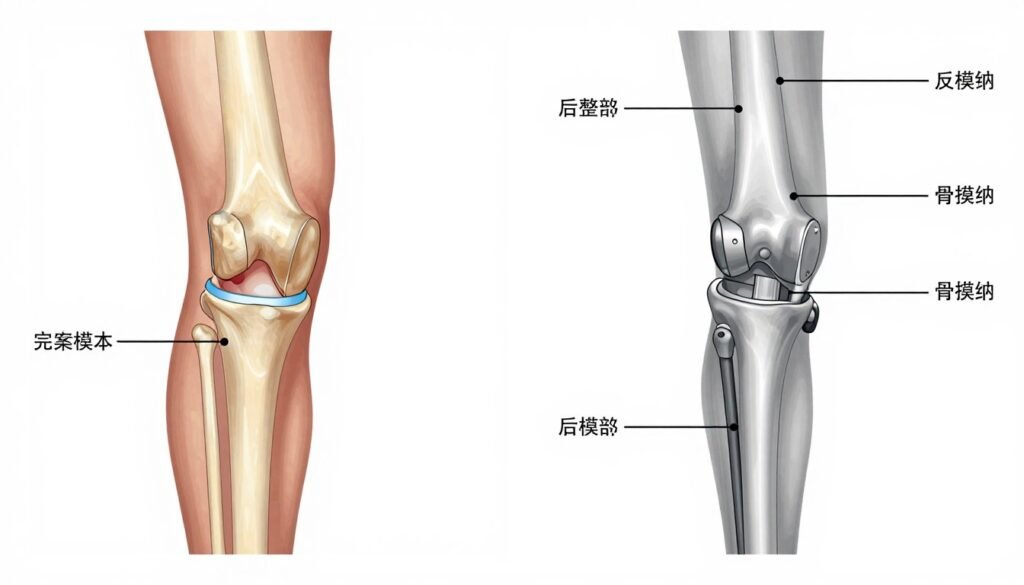 Total knee replacement surgery showing before and after comparison with prosthetic components