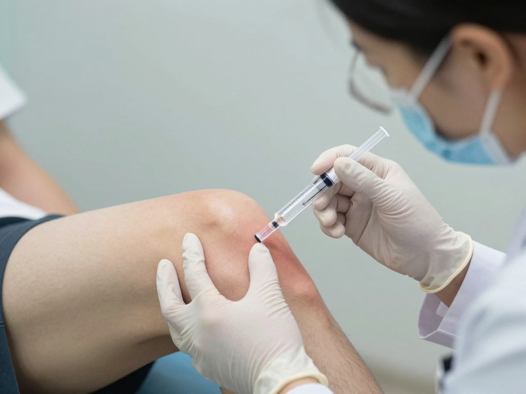 Doctor administering knee injection for pain relief