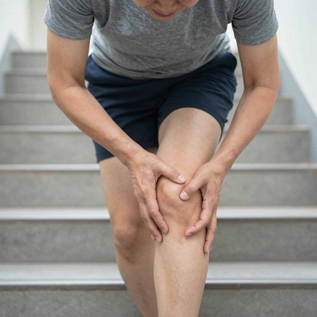 Person experiencing knee pain while climbing stairs