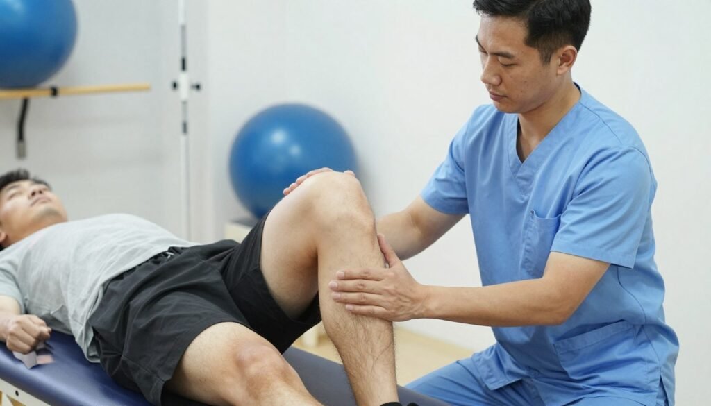 Physical therapist guiding patient through knee strengthening exercises