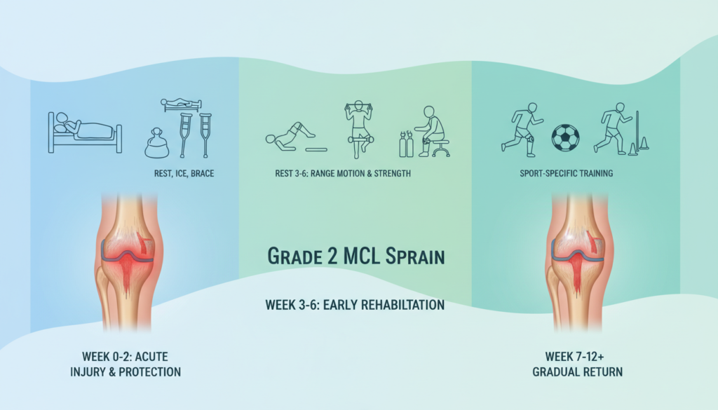 How long does grade 2 MCL sprain take to heal?